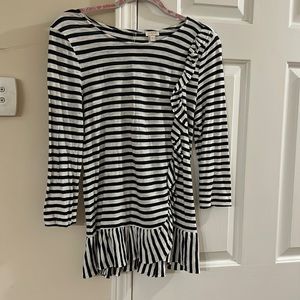 J Crew navy and white striped quarter length sleeve top! Cute ruffle details!!